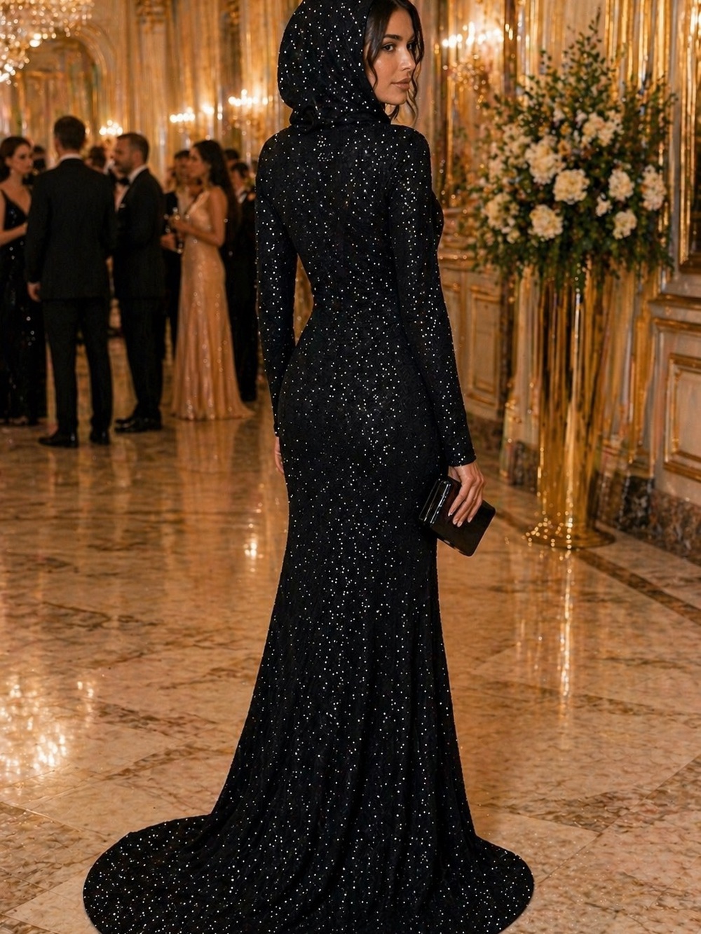 Ralph Lauren Purple Label Black Sequin Long-Sleeve Hooded Gown - Picture 6 of 6